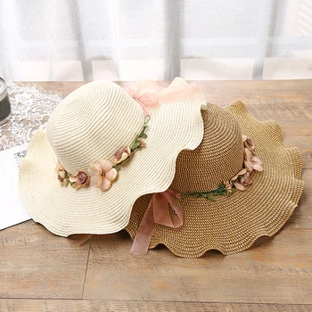 1 бр. Скъпа градинска сламена плажна шапка с цветен модел За годишни момичета С широка периферия, ежедневни солнцезащитная шапка за пътуване, дишащи шапки