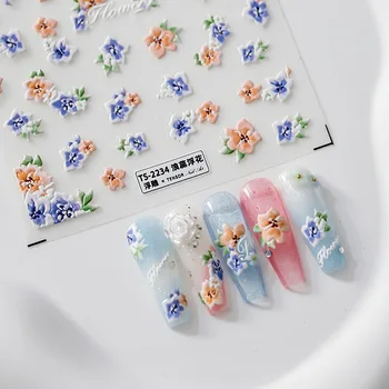 1 Лист 5D Реалистичен релеф Ярки Контрастни цветове на Бели цветя с тичинки Самозалепващи етикети за дизайн на ноктите, Етикети за маникюр