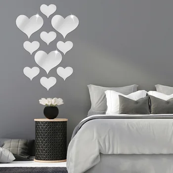 10шт Акрилни 3D-рефлексни стенни стикери цвят: Златист, Сребрист, във формата на сърце, Кръгла Стикери, Самозалепващи Огледални Стенни декорации, Стоки за дома