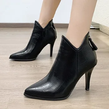 2023 Висококачествени обувки за жени, дамски ботильоны, Секси и модерни обувки, дамски обувки на тънък ток, с остри пръсти и цип отзад, женски