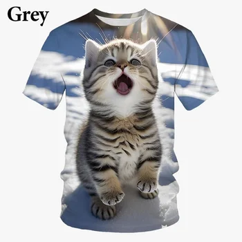 2023, тениска с сладък котка, Мъжка и дамска Лятна Забавна ежедневна тениска с къс ръкав и кръгло деколте.