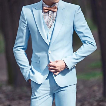 2024 Нови Модни Небето Сини Мъжки Сватбени Бизнес костюми, С Един Дъното, Мъжки костюми от 3 теми (Яке + Панталон + елек) trajes de hombre