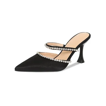 34-41 Златни сандали, дамски летни обувки на тънък ток с височина 8 см., черни остри обувки с кристали