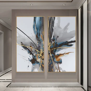 DDHH Модерни абстрактни синьо-сиви картини върху платно със златна линия за хол, спалня, плакати и щампи, монтиран на стената плакат, домашен декор