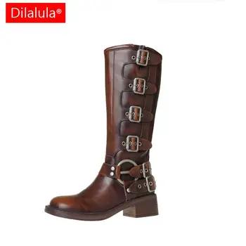 Dilalula / 2024; Дамски ботуши до коляното; сезон есен-зима; Обувки от естествена кожа на платформа и средно гъст ток; женски мотоциклетни ботуши;