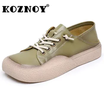 Koznoy Дамски летни обувки от естествена кожа, лоферы с квадратни пръсти 3 см 2023 г., висококачествени модни обувки от вулканизиран платформа дантела.