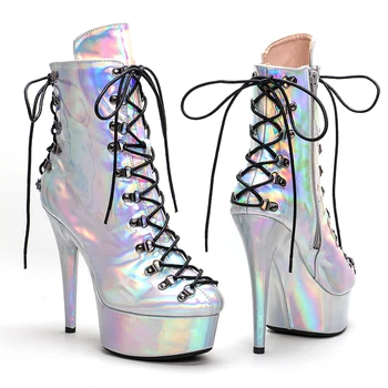 LAIJIANJINXIA, нова сребърен дамски обувки на платформа и висок ток 15 см / 6 см, вечерни обувки на висок ток, обувки за танци на един стълб