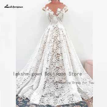 Lakshmigown, Класически дантелени сватбени рокли трапецовидна форма за жени 2023, Елегантна сватбена рокля в стил бохо с къс ръкав