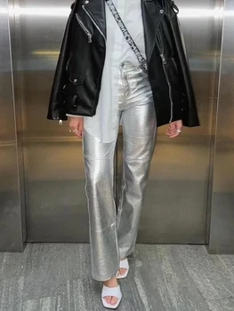 PUWD, дамски модни сребристи широки панталони от изкуствена кожа, Пролет 2023, Реколта дамски панталон с висока талия и джобове отзад, шикозни