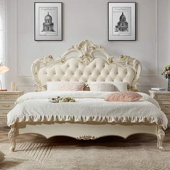 Royal френска спалня от масивно дърво, кожена легло Queen-size