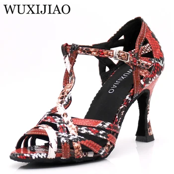 WUXIJIAO/ Дамски официални Танцови Обувки; Цветни Обувки за латино танци с меки подметки от изкуствена кожа; Дамски Обувки за Салса на ток 5-10 см