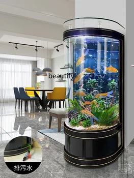 Аквариум за риби в хола, малък шкаф за телевизор до с вграден среден и голям стъклен аквариум полуцилиндрическим