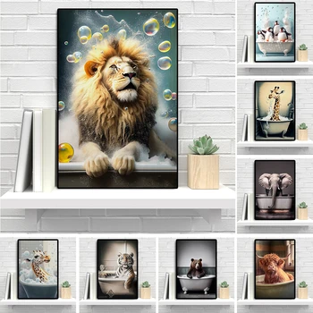 Арт Декор на стените на банята, Плакат с Лъв в Гореща Вана, Тигър, Жираф, Живопис Върху платно, Илюстрация на Животните, Подарък За Украса на стаята