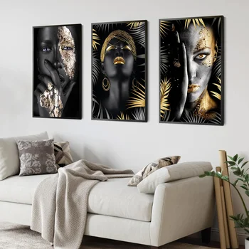 Африканско изкуство, черно-златната жена живопис с маслени бои плакати и принтах, Скандинавски стенни картина за хола, платно, плакат.