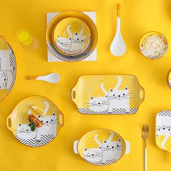 В японски стил, сладък cartoony домашна котка, посуда, прибори за хранене, купа за супа, купа за спагети, креативна керамична чиния, за вечеря