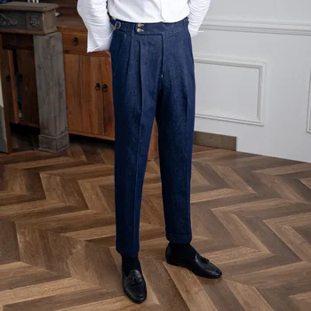 Висококачествени Италиански бизнес панталони, мъжки Офис панталони за светска костюми, ежедневни Сватбени панталони за младоженеца-Pantaloni Uomo, ежедневни сини