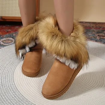 Дамски обувки за продажба на 2023 г. Дамски ботуши с дълъг ръкав Зимни плюшени флисовые за топлина през цялата чорап, цветни зимни обувки на плоска подметка с къс бочком