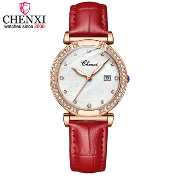 Дамски часовници CHENXI, моден кварцов часовник от розово злато, водоустойчив, висок клас марка, Дамски кожени ръчен часовник с календар, подарък за жени