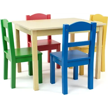 Детска дървена маса и комплект от 4 стола, естествен/начална
