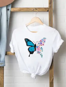 Женска тениска С къс ръкав, Ризи с принтом, Дамски Ежедневни Сладко Облекло с Цветя Пеперуда на 90-те години, Модни Дамски Графична Тениска
