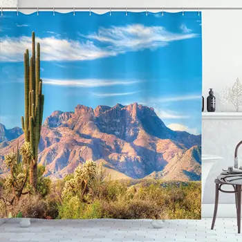 Завеса за душ с пейзажа на пустинята кактус, завеси за душ Arizona, Mountain Sunset, водоустойчив плат, декорация за баня с куки