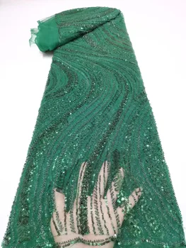 Зелени Луксозни Пайети, ръчно изработени, на 5 ярда дантела 2022, Благородна Африканска тюлевая плат с пайети, Нигерия, за шивашки сватбена рокля на булката