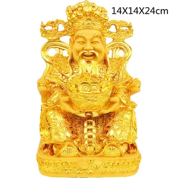 Китайски Златни Честит Бог на богатството на фън шуй, Статуята е от смола, Начало декор, Декорация за антрето, хола, Подарък за рожден ден, Занаяти