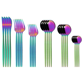 Комплект прибори за хранене Rainbow Dinnerware 24шт Нож, Вилица за Десерт Чаена лъжичка сребърни съдове за партита от неръждаема стомана