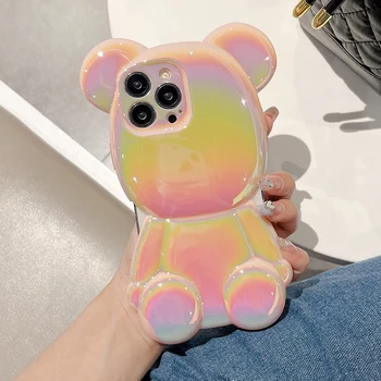 Корейски модерен калъф с лазерен блясък 3D Cool Bear за iPhone 14 Pro Max 11 12 13 с градиентным покритие, устойчив на удари cartoony калъф