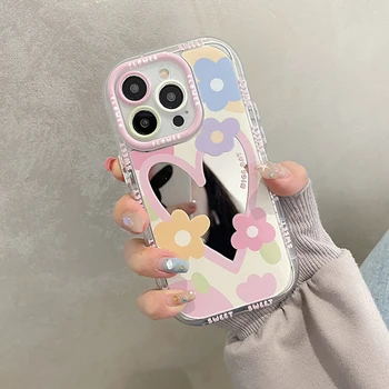 Корейски Огледален калъф за телефон Sweet Love Heart Flowers за iPhone 14 13 12 11 15 Pro Max с прекрасна здраво противоударной задния капак