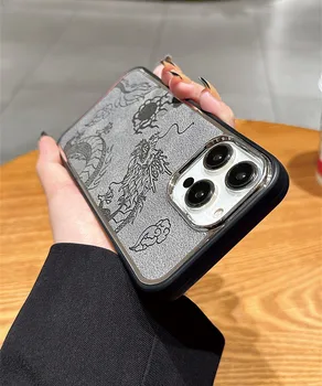 Луксозен калъф за телефон от кожата на китайския дракон за iPhone Pro 15 13 12 11 14 Pro Max със защита от падане