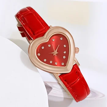 Луксозни Дамски Кварцови Часовници От Кожа Във Формата На Сърце Дамски Ръчни Часовници С Кристали Рокля Часовници Подарък Reloj Mujer Montre Femme