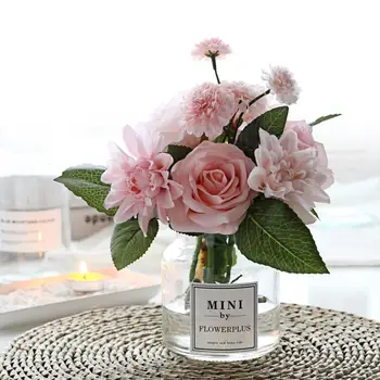 Модерна Стъклена ваза + Набор от изкуствени цветя, Фигурки, интериор за вашия офис, Занаяти за всекидневната, Коприна Фалшив саксия