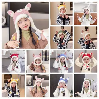 Мультяшная детска шапка за защита на ушите Японската однотонная термошлема Детски възли шапки, Вълнени тюбетейки Детска шапчица-бини за деца