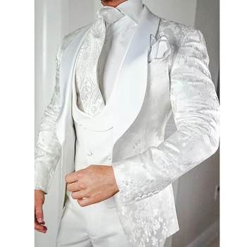Мъжки костюми за сватба 2023 Плат Jackuard Бяло сако, Панталони Жилетка Однобортная шал от 3 части С ревери Елегантен Оборудвана приятелка Terno
