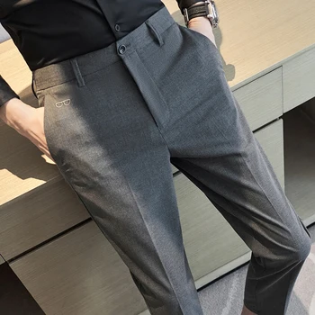 Мъжки скъсяване на панталон, тъмно-сив с дълги панталони, еластичен колан, корейската версия на модни костюмных панталони, мъжки пролетен нов стил