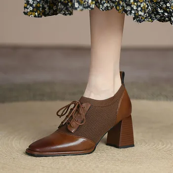Нови модни дамски оксфордские обувки На висок ток, Сандали с остри пръсти, ботильоны дантела, Стрейчевая Реколта дамски обувки
