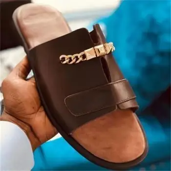 Нови Сандали, Мъжки Обувки От Изкуствена Кожа, Обикновен Модерни Дневни Плажни Обувки За Басейна, Удобни Чехли С Отворени Пръсти и Метална Верига, CP169