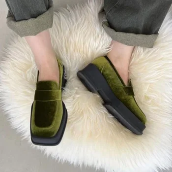 Обувки Lefu кадифени обувки с дебела подметка в стил ретро, дамски обувки с дебел ток 2022 г., малки кожени обувки в стил Мери Джейн в британския стил, единични обувки