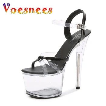 Обувки за танци на един стълб Voesnees Дамски Секси Прозрачни сандали на висок ток 2021 Нова Женски модел на платформата Вид на модела, Прозрачни токчета на Тънки токчета