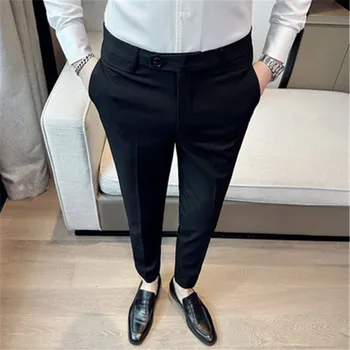 Панталони с висока талия за мъжки костюми, панталони Британски Неаполитанского дизайнер, дебнещ Корейски панталони пълна дължина костюм Homme Social Pants