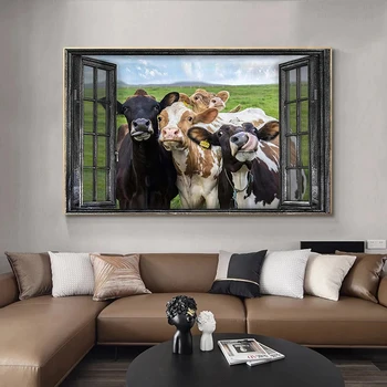 Плакат с животни, крави, Реколта картина върху платно, ретро до прозореца, Селска къща, крава, стенни художествени картини за всекидневна, декориране на дома