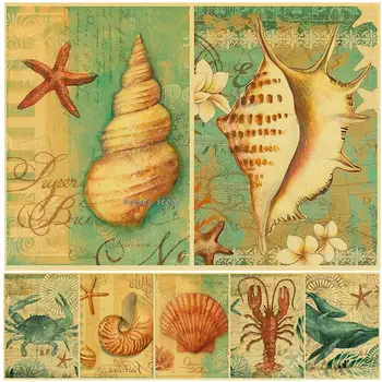 Плакат с морски обитатели, Реколта гравюра от телешка кожа, платно, боядисване, монтиране на художествено изображение, за стая, декорация на дома