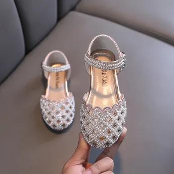 Пролет-есен обувки на принцесата, Нови Летни сандали за момичета, детски обувки на плоска подметка, перлени кристали, детска студентски обувки за изпълнения