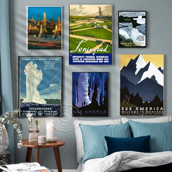 Ретро плакат за пътуване по градовете на света, гравюри с пейзажи Америка, плакат с пейзажи Ленинградския националния парк в Тайланд, монтиран на стената арт декор