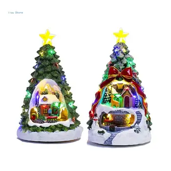Светлинен и музикален къща на Коледна тематика Декоративна украса за дома Селище от естествена смола със светещи светлини