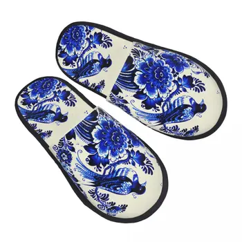 Сини Дельфтские порцеланови плюшени чехли в ориенталски стил за спални, мека нескользящие пързалки от пяна с памет ефект