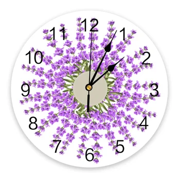 Стенен часовник с лилав цветя, Лавандула, Големи модерни Кухненски Кът Кръгли Стенни Часовници, Безшумни Висящи Часовници за спални