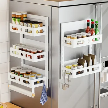 Страничната рафтове за съхранение на кухненски хладилник, многослоен сгъваема, безплатен монтаж на стенни закачалки за подправки, Домашен сгъваем магнитен