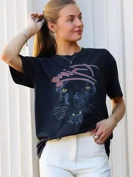 Супер елегантна тениска с тигровым принтом, черна тениска с ожесточенным модел, дамски реколта памучен лятна тениска с къс ръкав, пуловер, потник, тениска